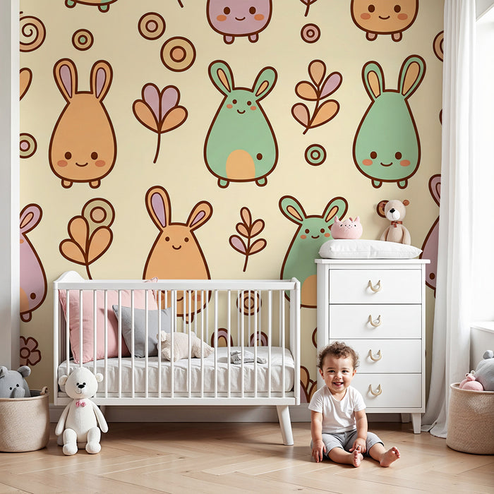 Papier peint chambre bébé | Adorables lapins et formes organiques dans des teintes pastel
