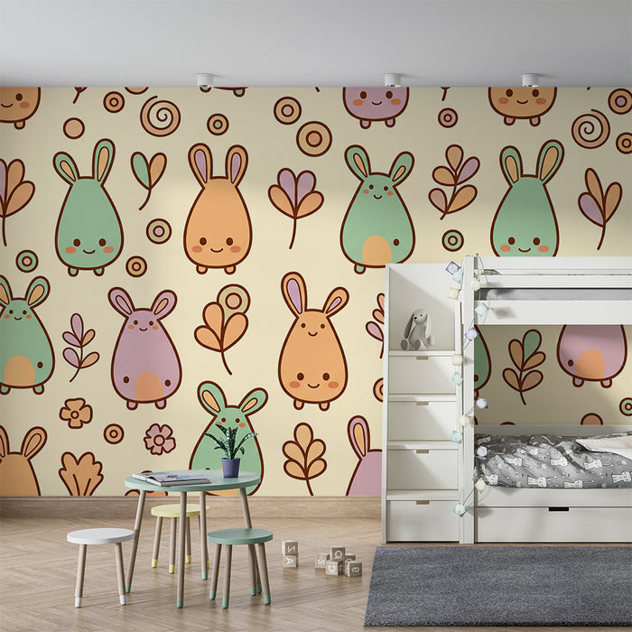 Papier peint chambre bébé | Adorables lapins et formes organiques dans des teintes pastel