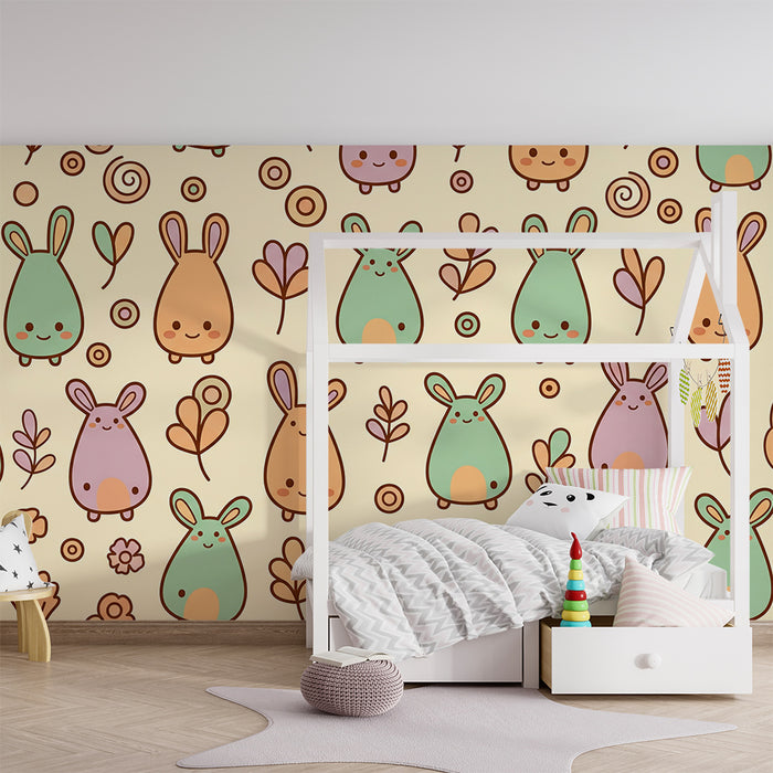 Papier peint chambre bébé | Adorables lapins et formes organiques dans des teintes pastel