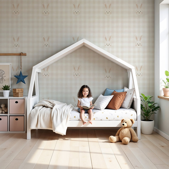 Papel de parede para quarto de bebé | Adoráveis coelhinhos em fundo xadrez suave