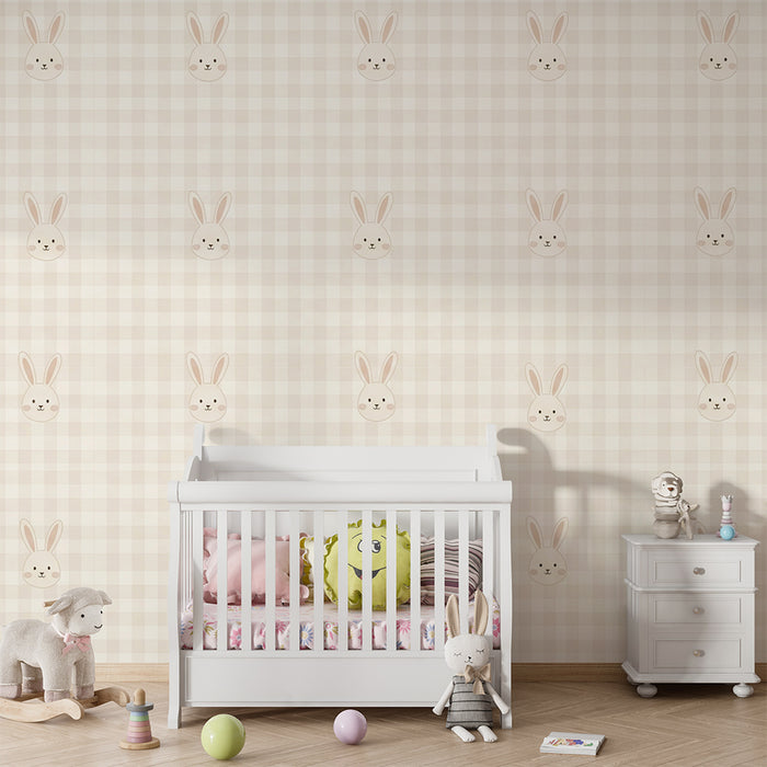 Papel de parede para quarto de bebé | Adoráveis coelhinhos em fundo xadrez suave
