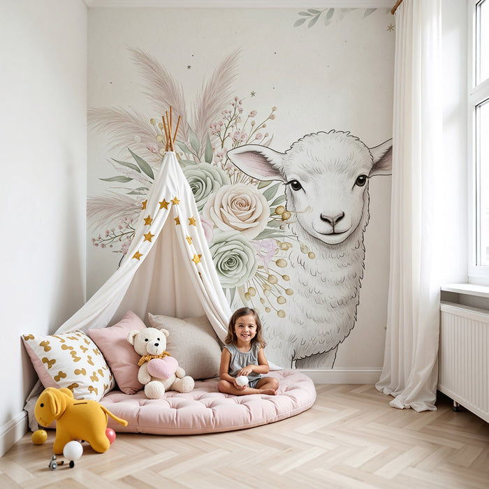 Lastenhuoneen tapetti | Hellävarainen lammas pastellivärisillä kukkakimpuilla