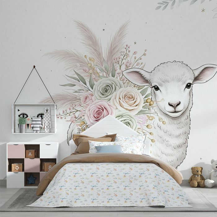 Lastenhuoneen tapetti | Hellävarainen lammas pastellivärisillä kukkakimpuilla