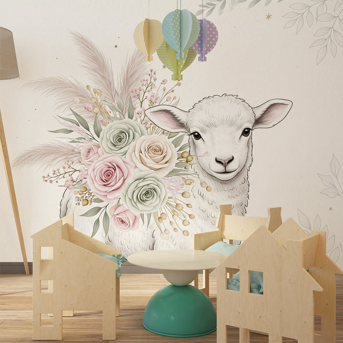 Lastenhuoneen tapetti | Hellävarainen lammas pastellivärisillä kukkakimpuilla