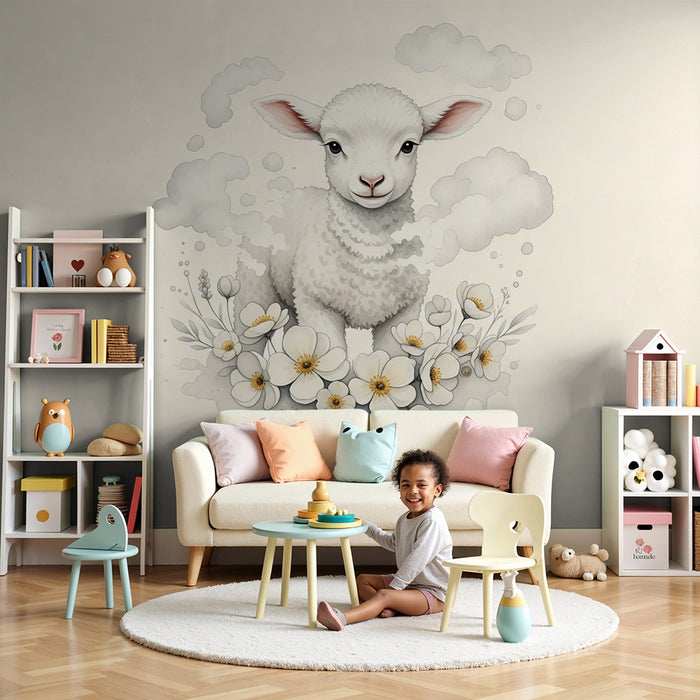 Papier peint chambre bébé | Agneau mignon entouré de fleurs et de nuages doux