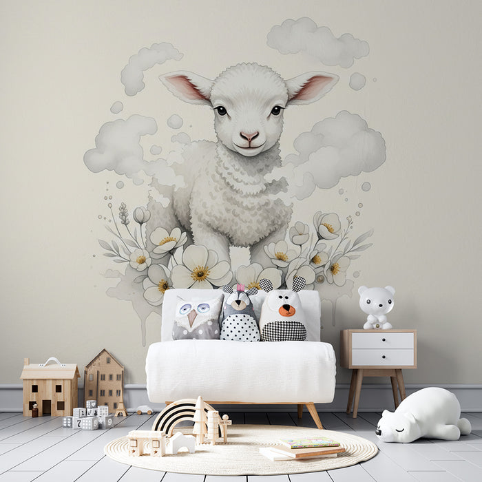 Papier peint chambre bébé | Agneau mignon entouré de fleurs et de nuages doux