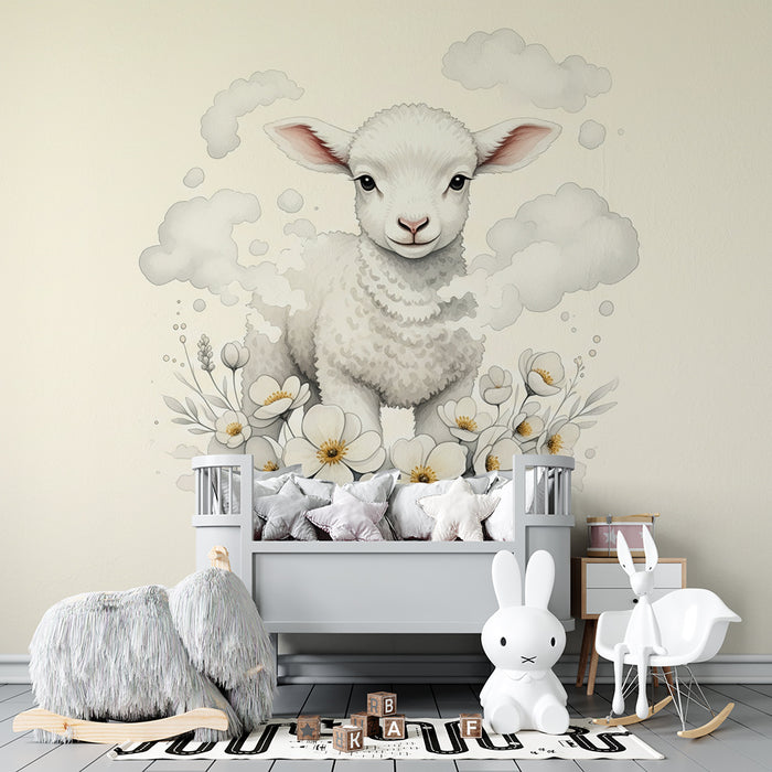 Papier peint chambre bébé | Agneau mignon entouré de fleurs et de nuages doux