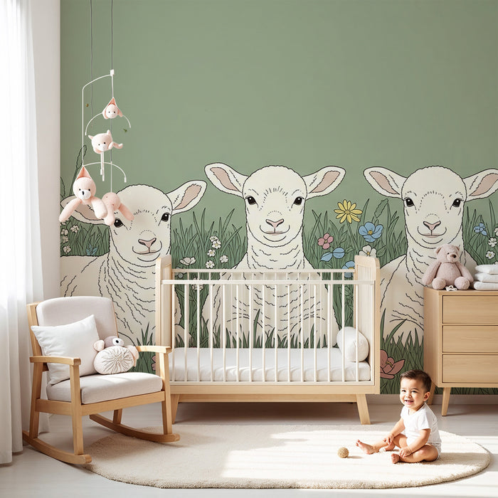 Babyzimmer Tapete | Niedliche Lämmer umgeben von bunten Blumen