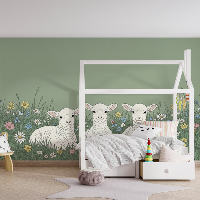 Babyzimmer Tapete | Niedliche Lämmer umgeben von bunten Blumen