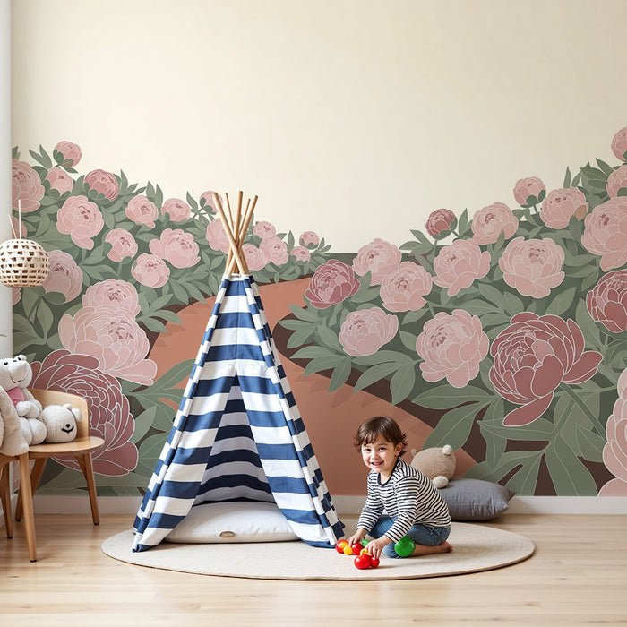 Papier peint chambre bébé | Allée de pivoines délicates sur fond doux