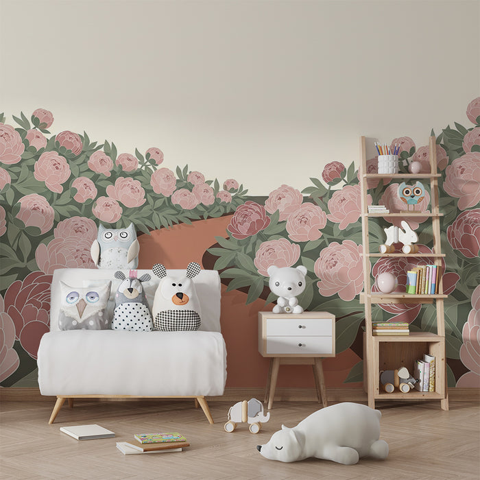 Papier peint chambre bébé | Allée de pivoines délicates sur fond doux
