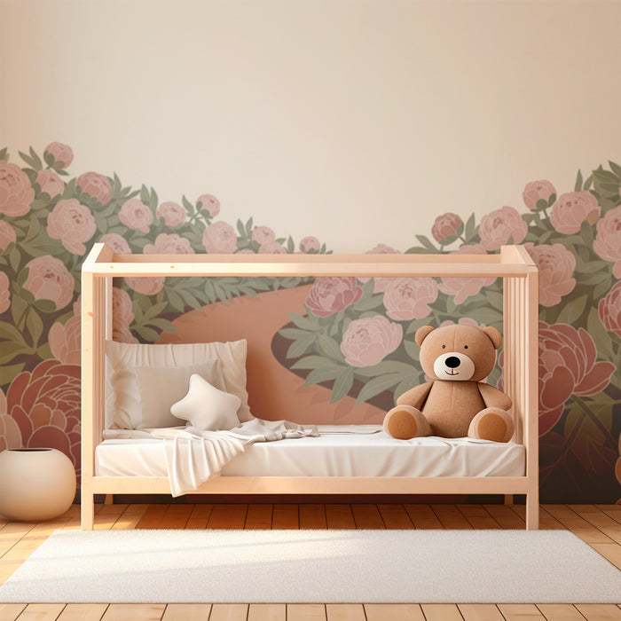 Papier peint chambre bébé | Allée de pivoines délicates sur fond doux