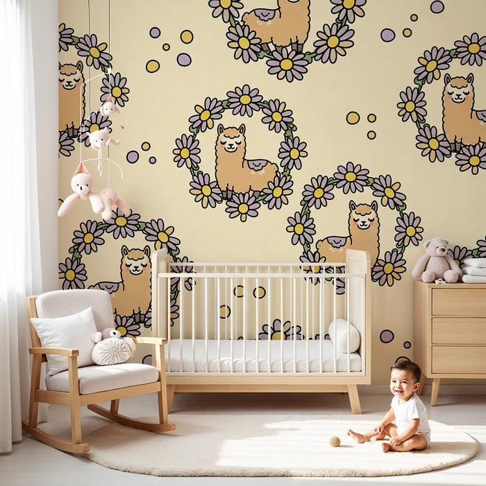 Baby Room Wallpaper | Cute Alpacas Surrounded by Flowers and Colorful Bubbles