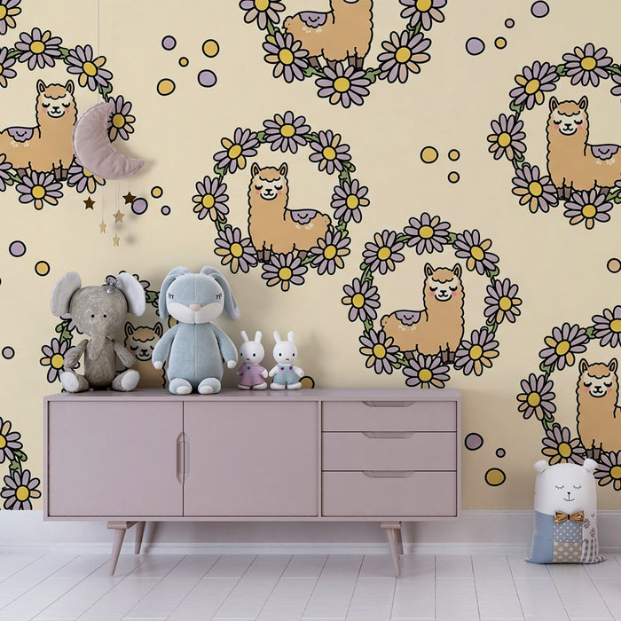 Baby Room Wallpaper | Cute Alpacas Surrounded by Flowers and Colorful Bubbles