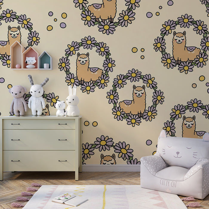 Baby Room Wallpaper | Cute Alpacas Surrounded by Flowers and Colorful Bubbles