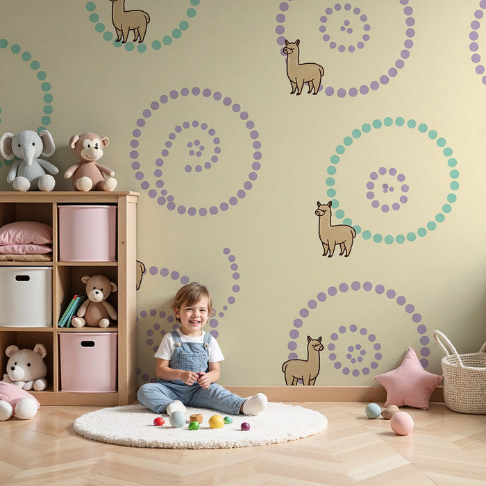 Baba szobába való tapéta | Aranyos alpakák pastell háttéren spirális mintákkal