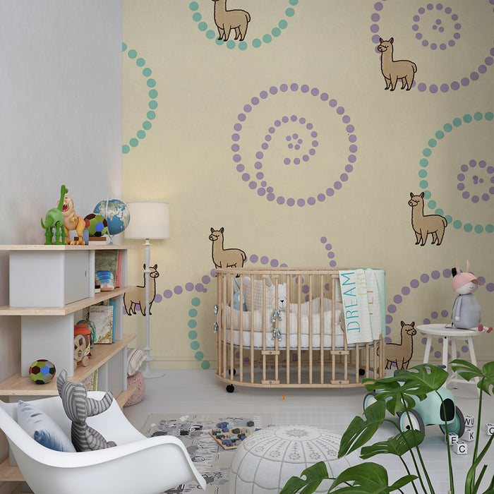 Baba szobába való tapéta | Aranyos alpakák pastell háttéren spirális mintákkal