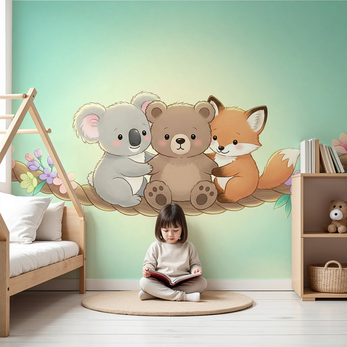 Barntapet | Djurvänner på blomsterklädd rep