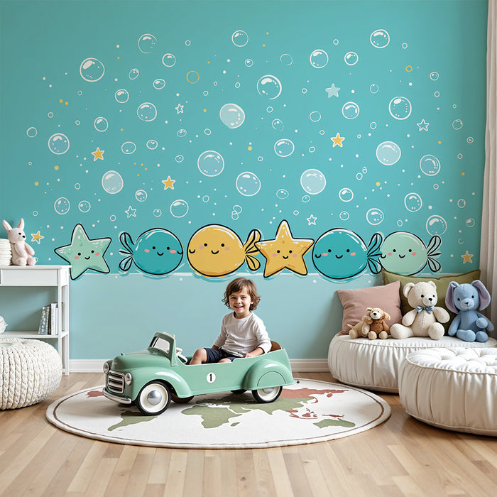 Papier peint chambre bébé | Amusants animaux marins et bulles sous-marines