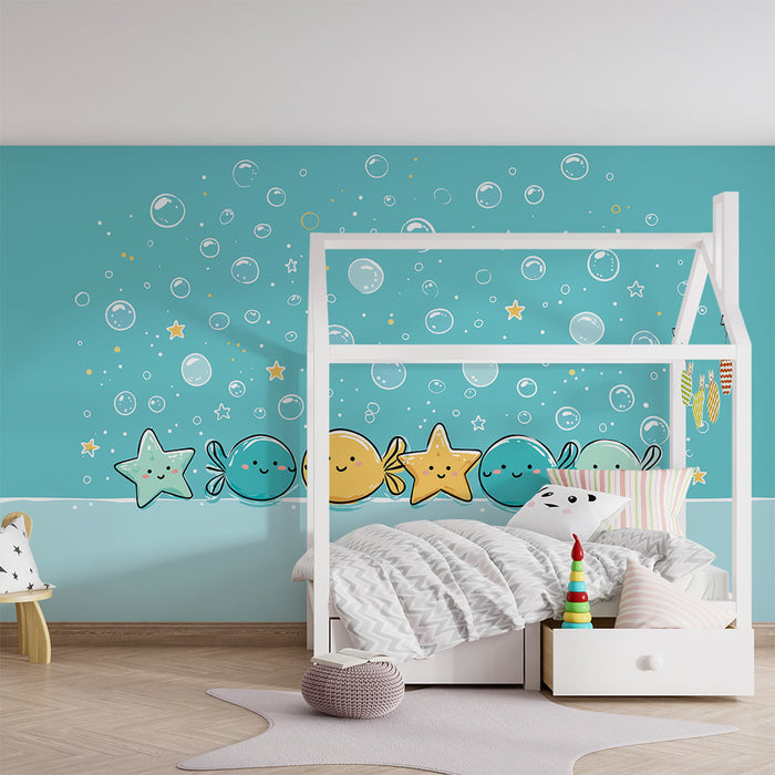 Papier peint chambre bébé | Amusants animaux marins et bulles sous-marines