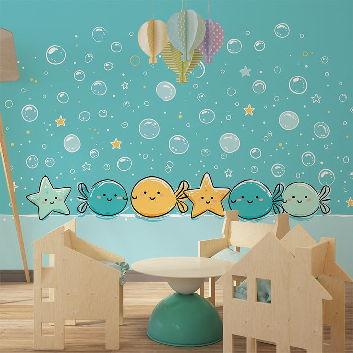 Papier peint chambre bébé | Amusants animaux marins et bulles sous-marines