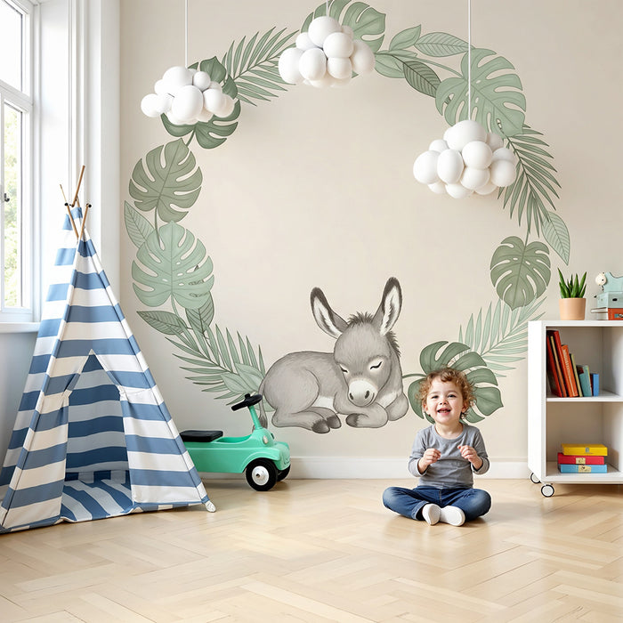 Babyzimmer Tapete | Schlafender Esel und tropisches Laubwerk
