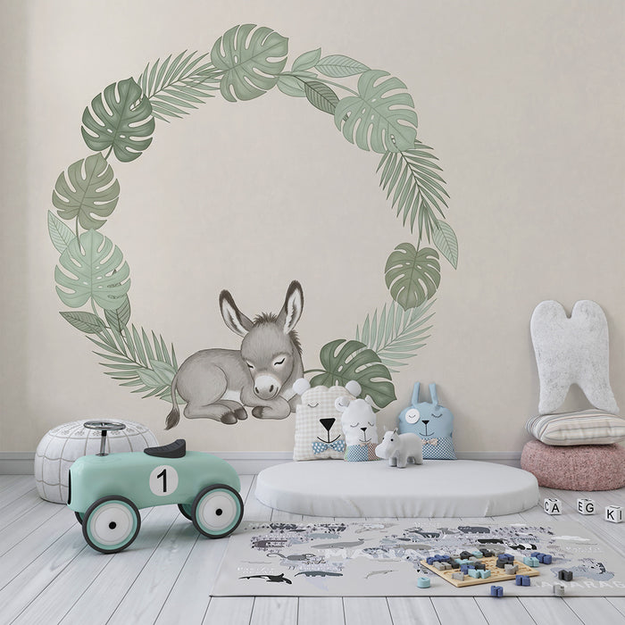 Babyzimmer Tapete | Schlafender Esel und tropisches Laubwerk