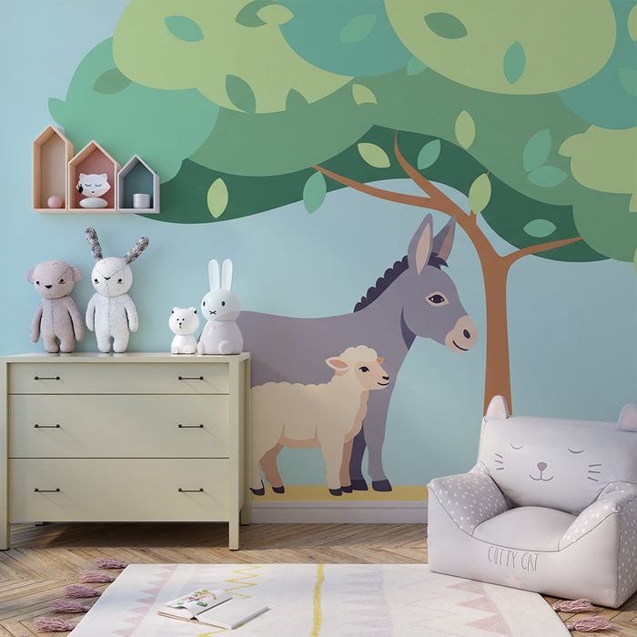 Carta da parati bambini | Asino e agnello sotto un albero colorato