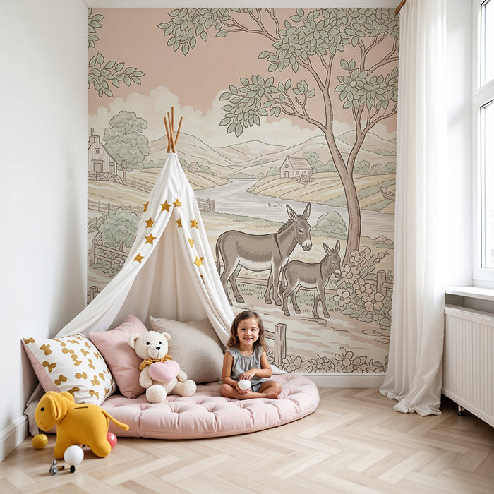 Papier peint chambre bébé | Ânes et paysage pastoral avec fleurs délicates
