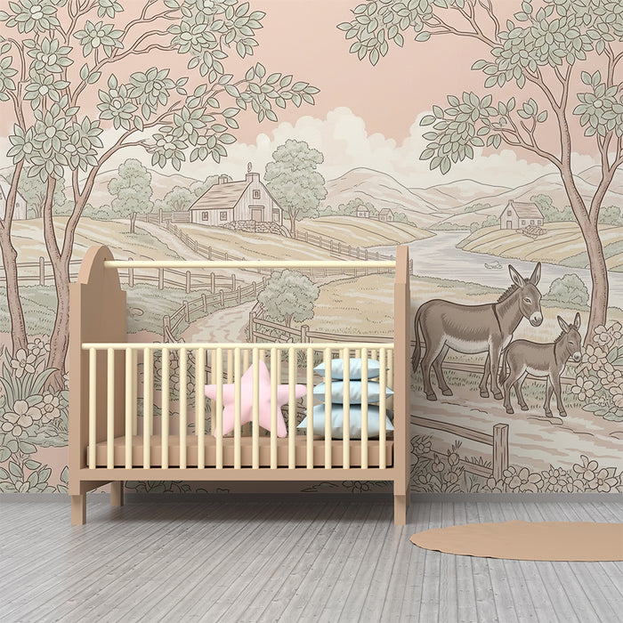 Papier peint chambre bébé | Ânes et paysage pastoral avec fleurs délicates