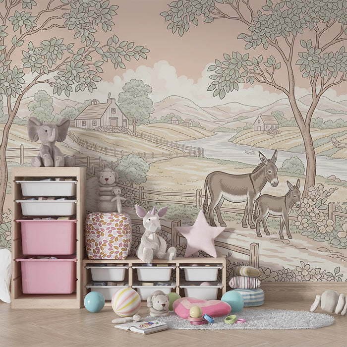 Papier peint chambre bébé | Ânes et paysage pastoral avec fleurs délicates