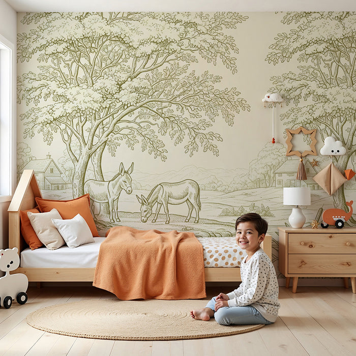 Papier peint chambre bébé | Ânes paisibles au bord de l'eau dans un paysage pastoral