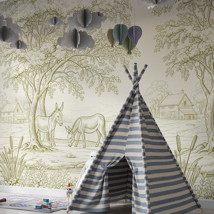 Papier peint chambre bébé | Ânes paisibles au bord de l'eau dans un paysage pastoral