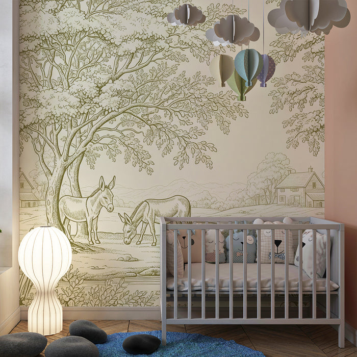 Papier peint chambre bébé | Ânes paisibles au bord de l'eau dans un paysage pastoral