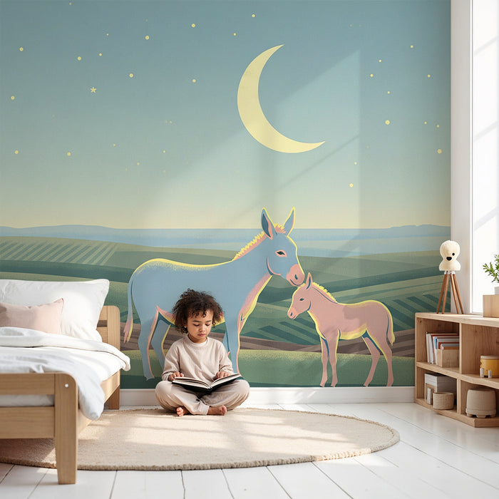 Papel de parede quarto bebê | Burros sob a lua em uma paisagem noturna