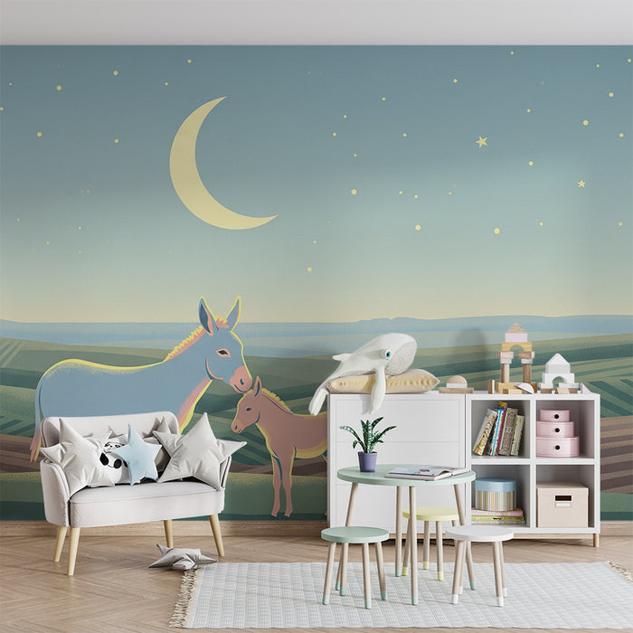 Papel de parede quarto bebê | Burros sob a lua em uma paisagem noturna