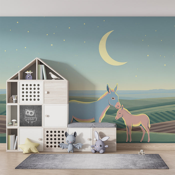 Papel de parede quarto bebê | Burros sob a lua em uma paisagem noturna