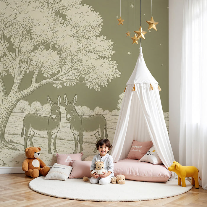 Papier peint chambre bébé | Ânes sous un ciel étoilé avec des arbres paisibles
