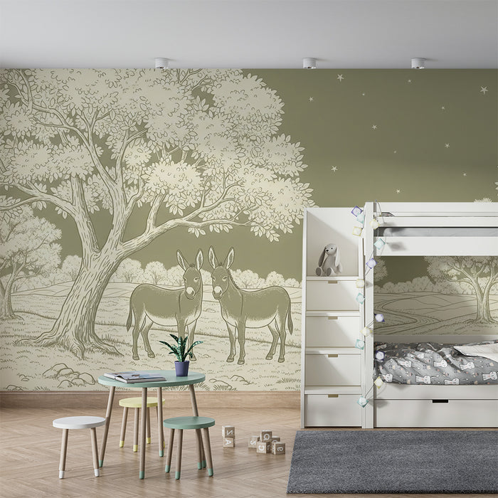 Papier peint chambre bébé | Ânes sous un ciel étoilé avec des arbres paisibles