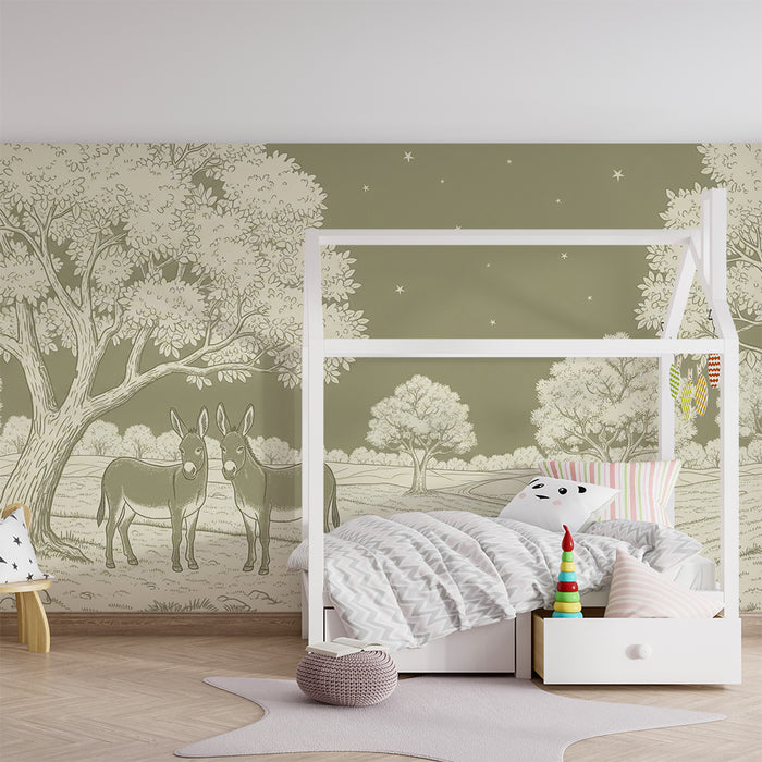 Papier peint chambre bébé | Ânes sous un ciel étoilé avec des arbres paisibles