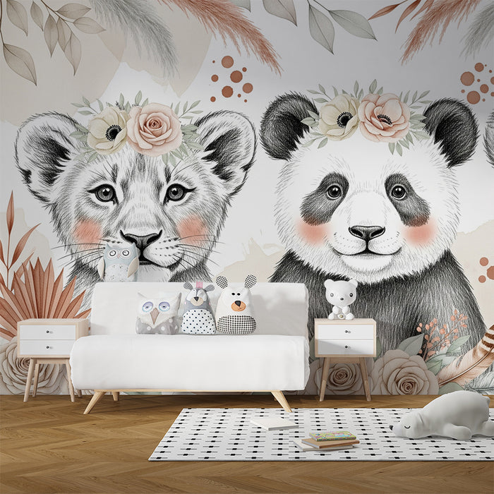 Barntapet | Bedårande djur med beige och terrakotta kronor