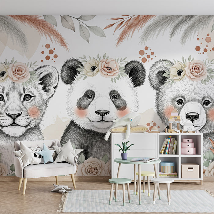 Barntapet | Bedårande djur med beige och terrakotta kronor