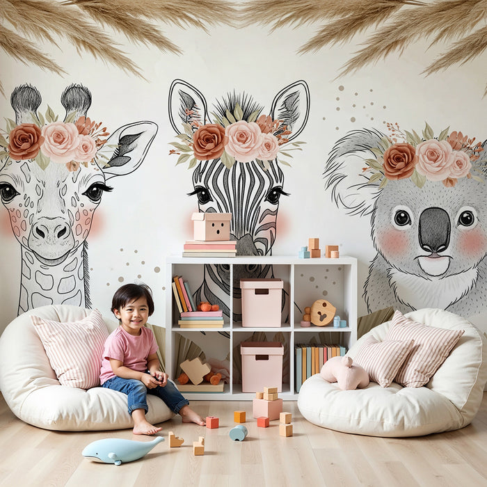 Barntapet | Bedårande djur med blomsterkransar