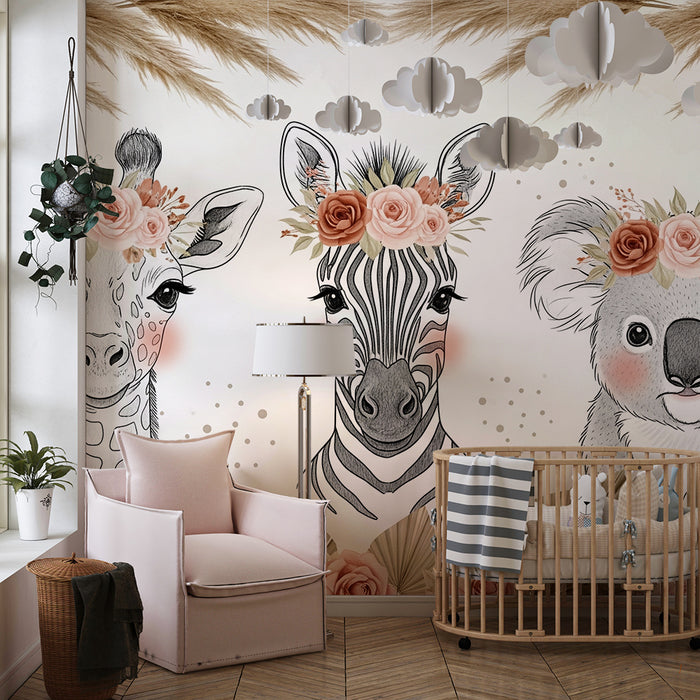 Barntapet | Bedårande djur med blomsterkransar