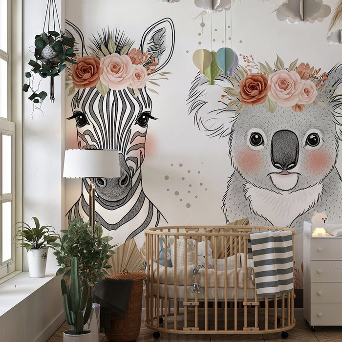 Barntapet | Bedårande djur med blomsterkransar