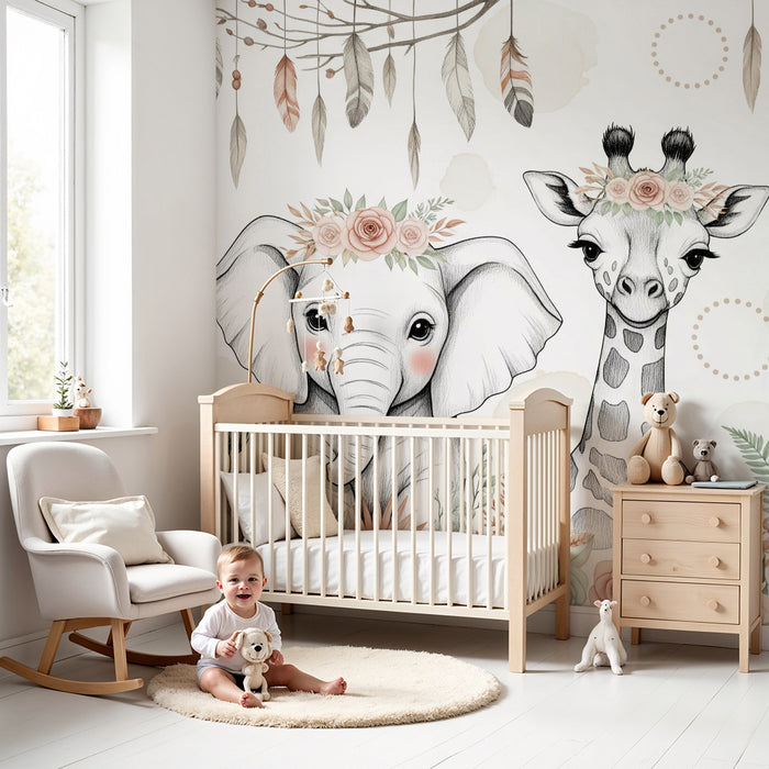 Barntapet | Bedårande djur med blomsterkransar och hängande fjädrar