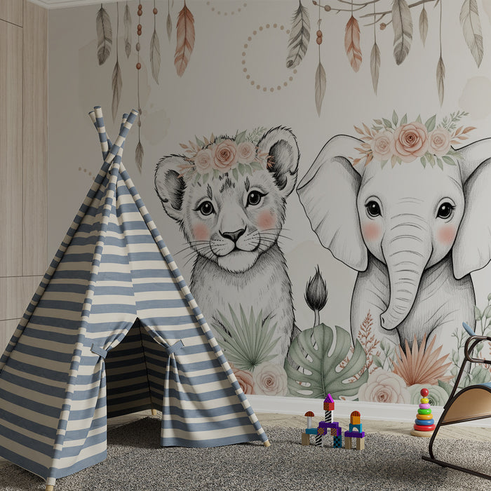 Barntapet | Bedårande djur med blomsterkransar och hängande fjädrar