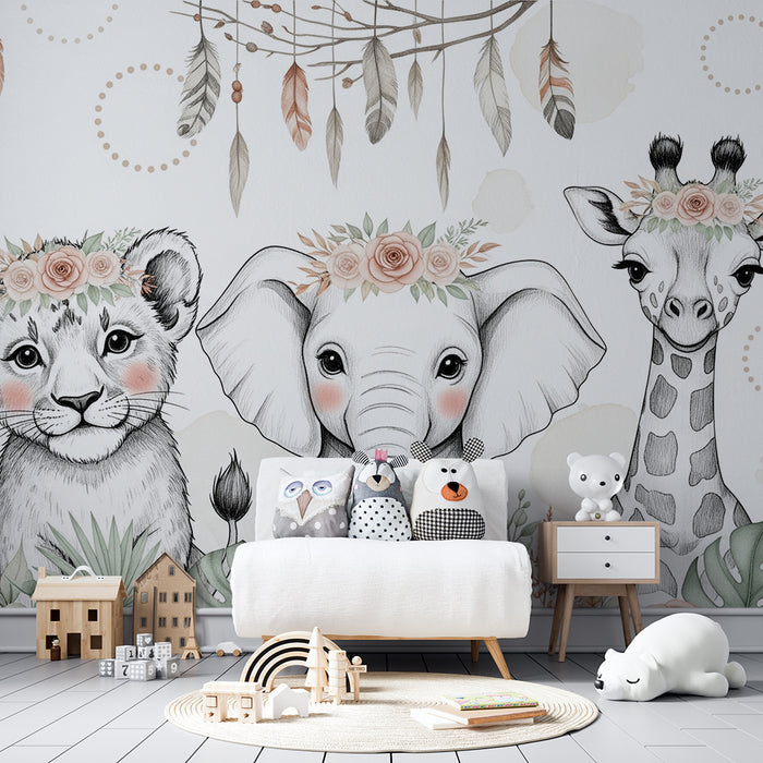 Barntapet | Bedårande djur med blomsterkransar och hängande fjädrar