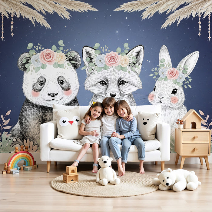Barntapet | Bedårande djur med blomsterkransar stjärnhimmel