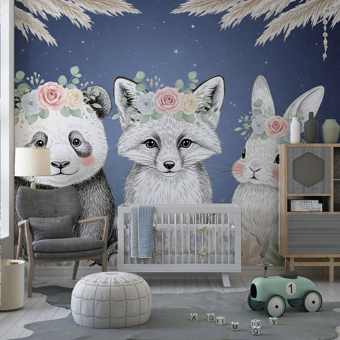 Barntapet | Bedårande djur med blomsterkransar stjärnhimmel